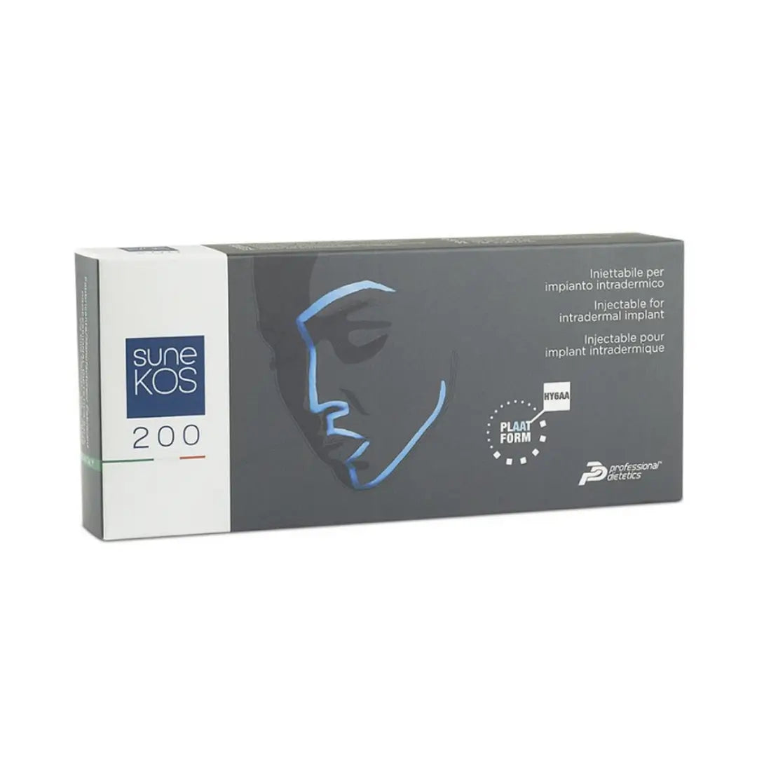 Packaging of Sunekos 200 showing detailed product information for enhancing skin elasticity and hydration.