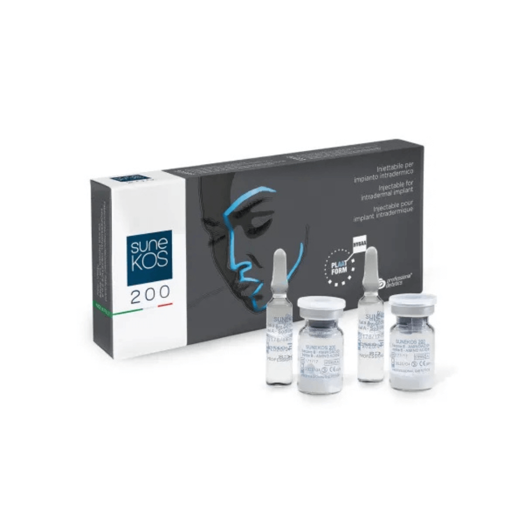 Sunekos 200 injectable treatment set with vials displayed alongside box for skin rejuvenation.