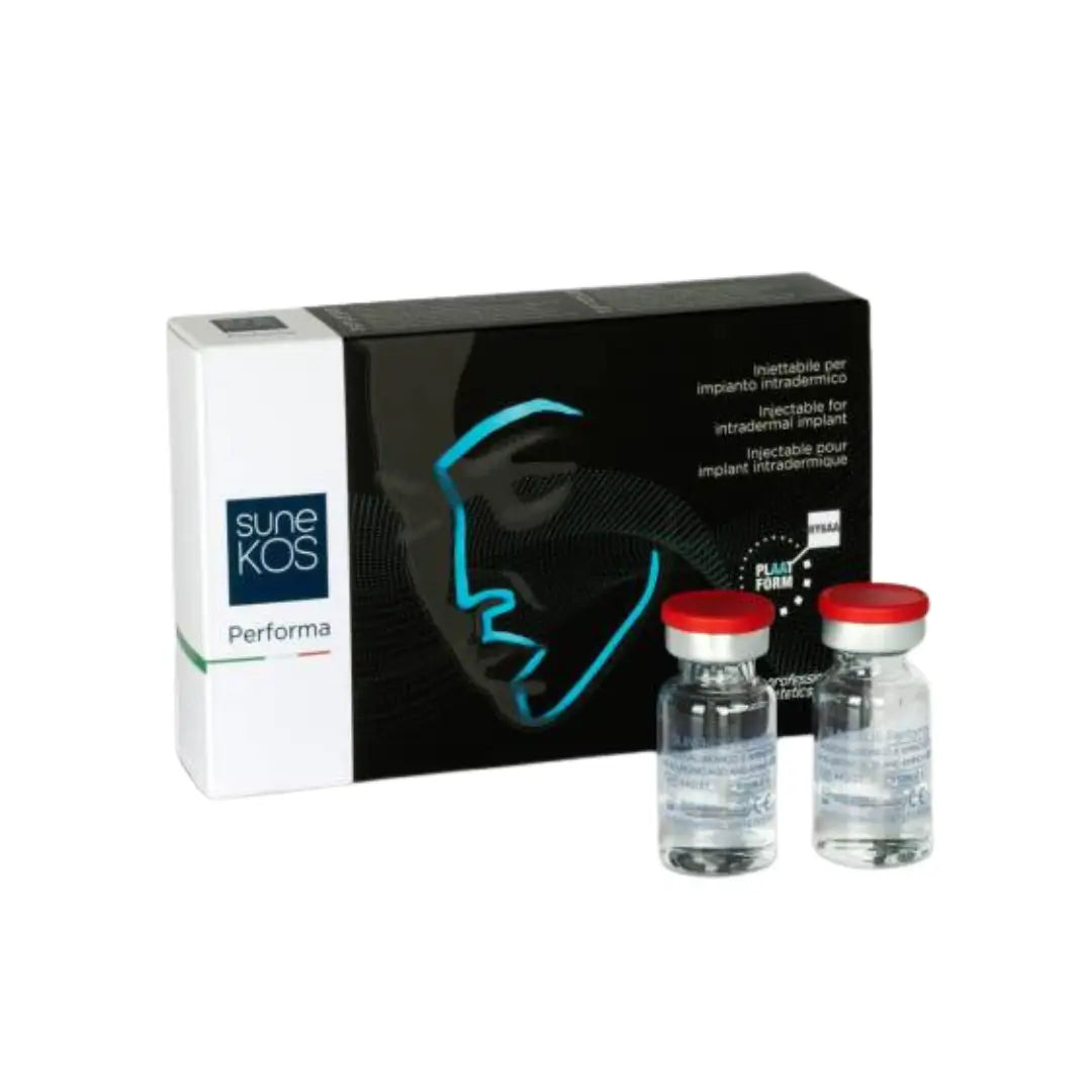 Sunekos Performa box with two vials, designed for skin rejuvenation, displayed with striking face profile graphic on black background.