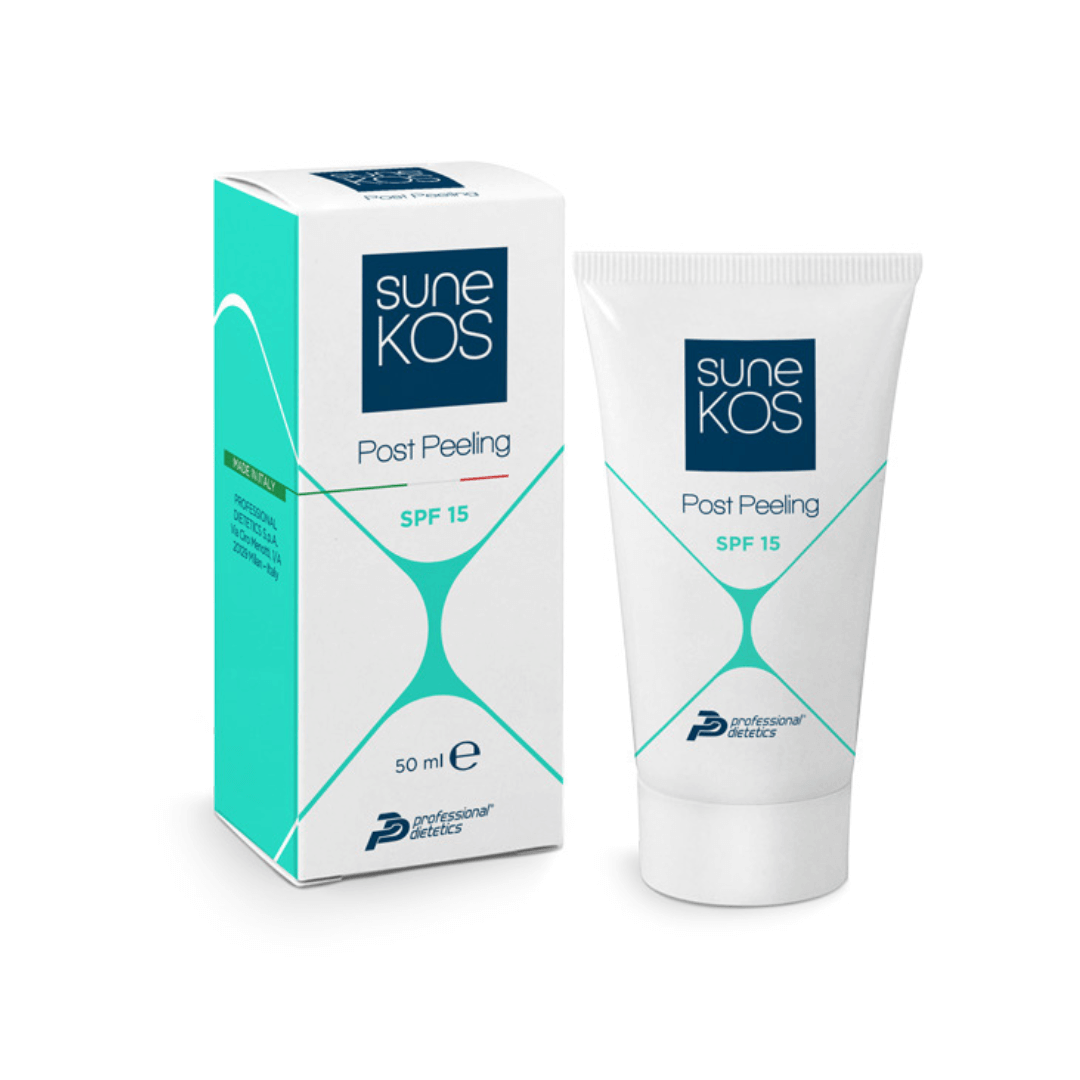 Sunekos Post Peeling cream with SPF 15 in tube and packaging, designed for after-treatment skin care and protection.