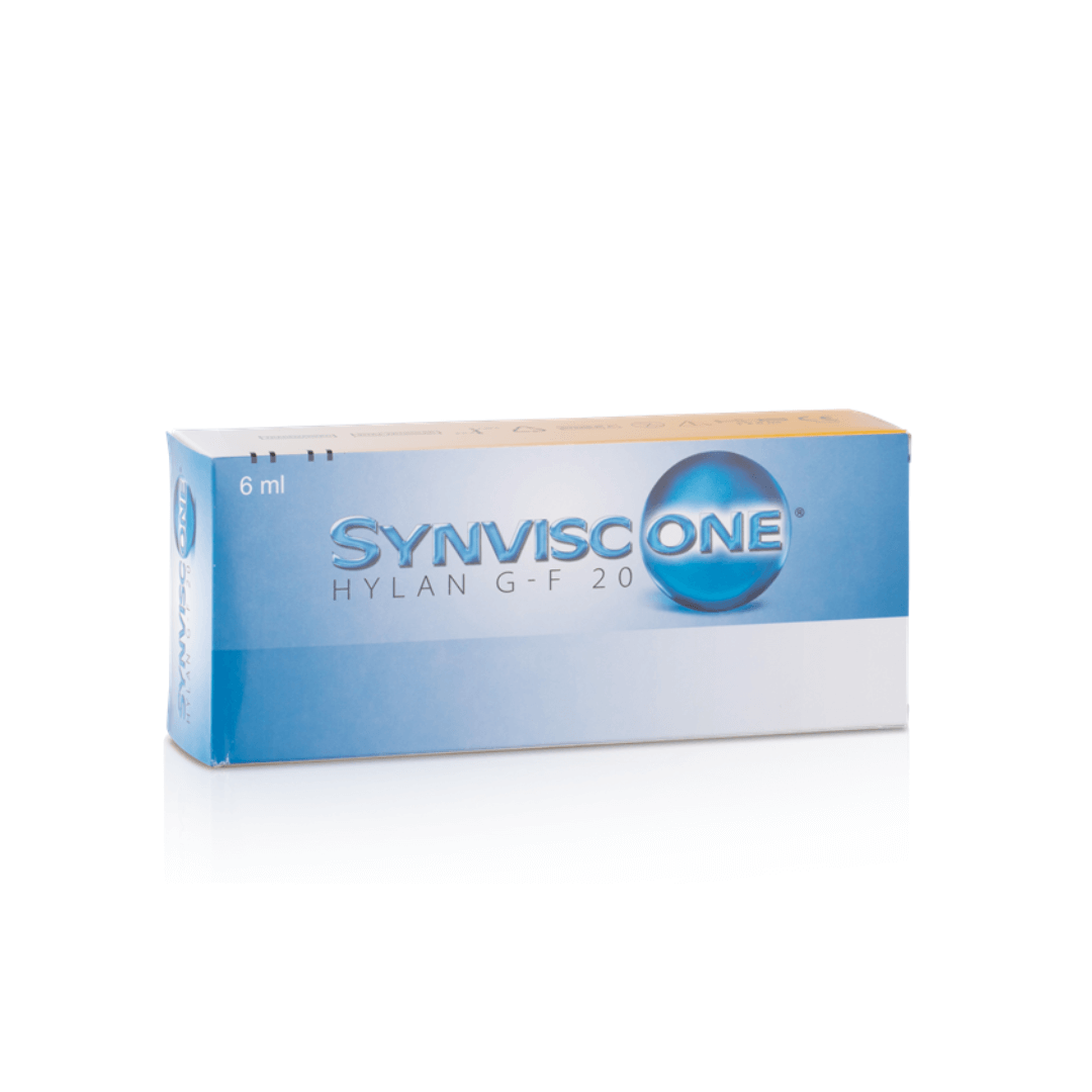 Packaging of Synvisc One Hylan G-F 20, 6ml syringe for knee joint lubrication and osteoarthritis relief.