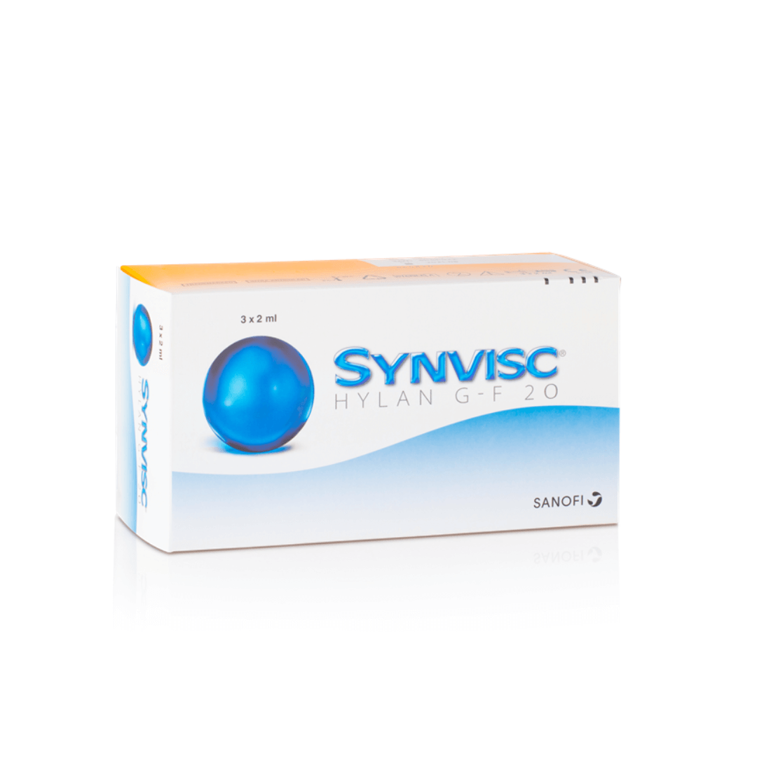 Box of Synvisc Hylan G-F 20 with three 2ml syringes for joint pain relief, displayed on white background.