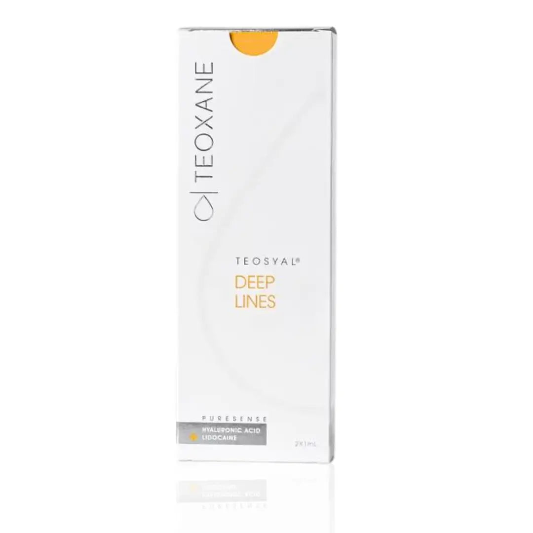 Teosyal Puresense Deep Lines box, 2 x 1ml filler for addressing deep wrinkles, shown in white and yellow packaging.