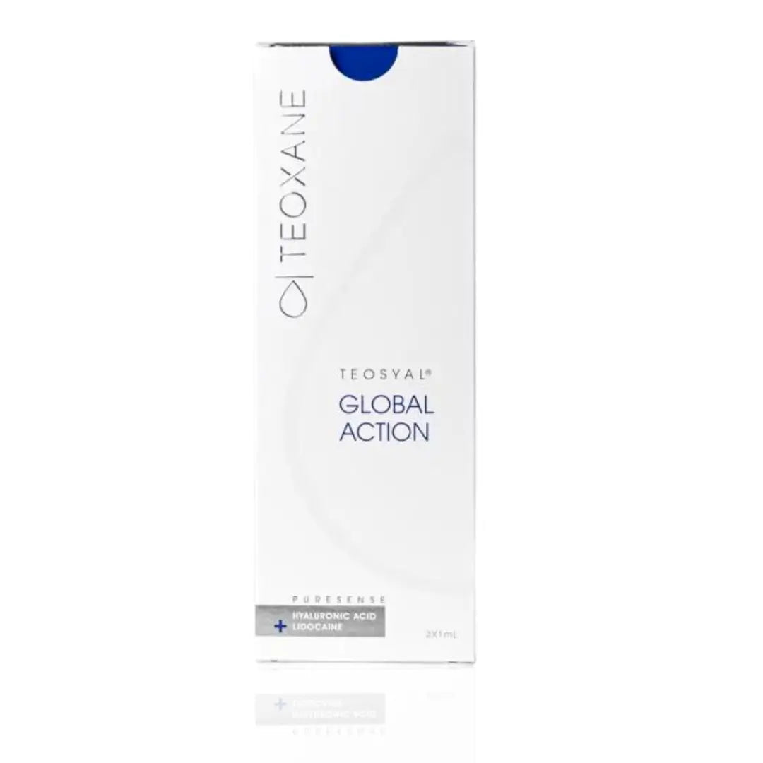 eosyal Puresense Global Action box, shown in white and blue packaging, a product for reducing moderate facial lines and restoring volume.