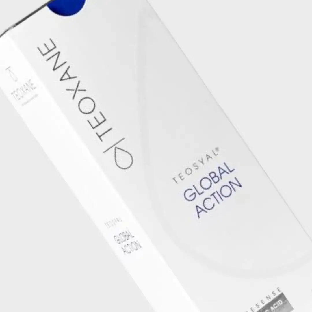 Teosyal Puresense Global Action packaging, 2 x 1ml syringes, used for smoothing moderate wrinkles and improving skin hydration.