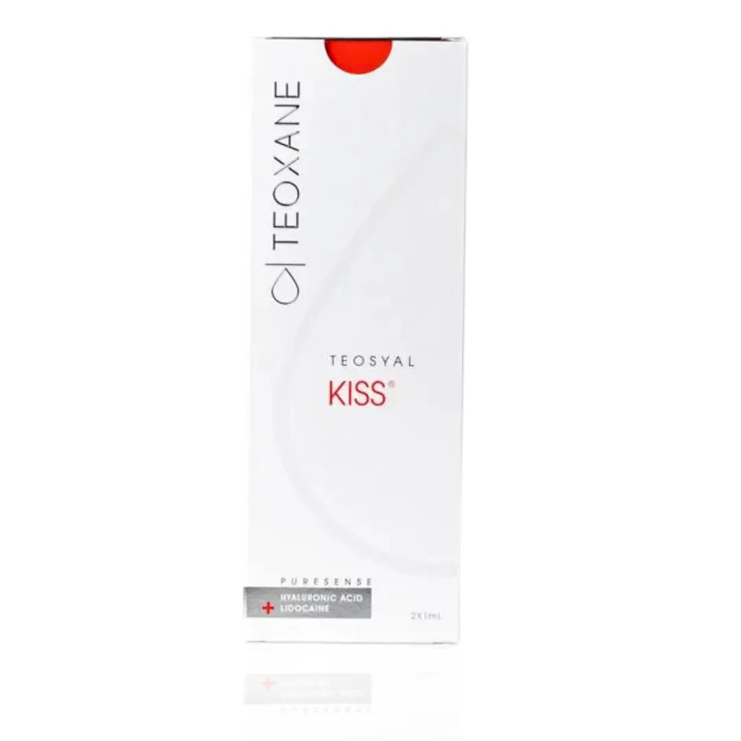 Teosyal Puresense Kiss packaging, 2 x 1ml syringes, used for lip enhancement, volume boost, and smoothing fine lines.