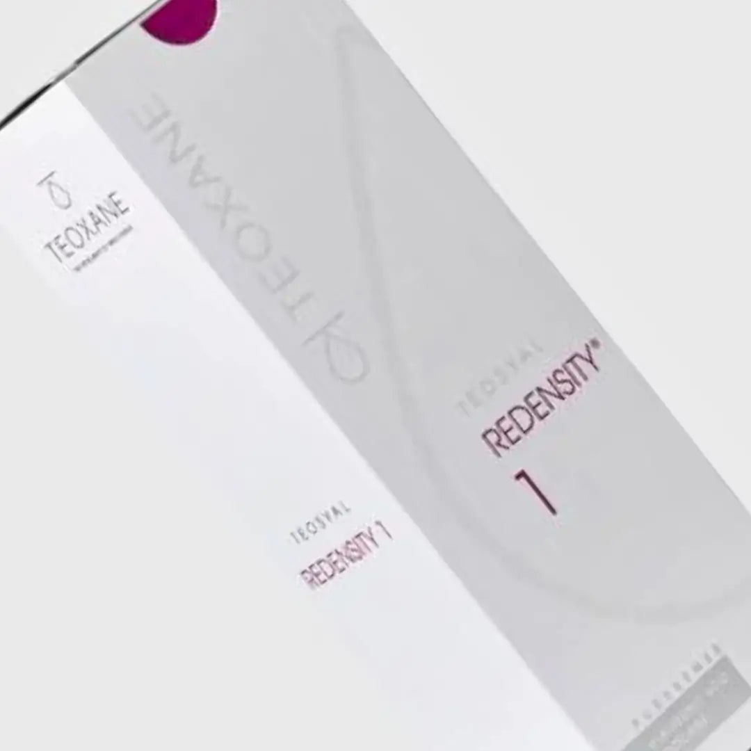 Teosyal Puresense Redensity 1 box, 2 x 1ml filler for enhancing skin texture and restoring radiance, shown in white packaging with red accents.