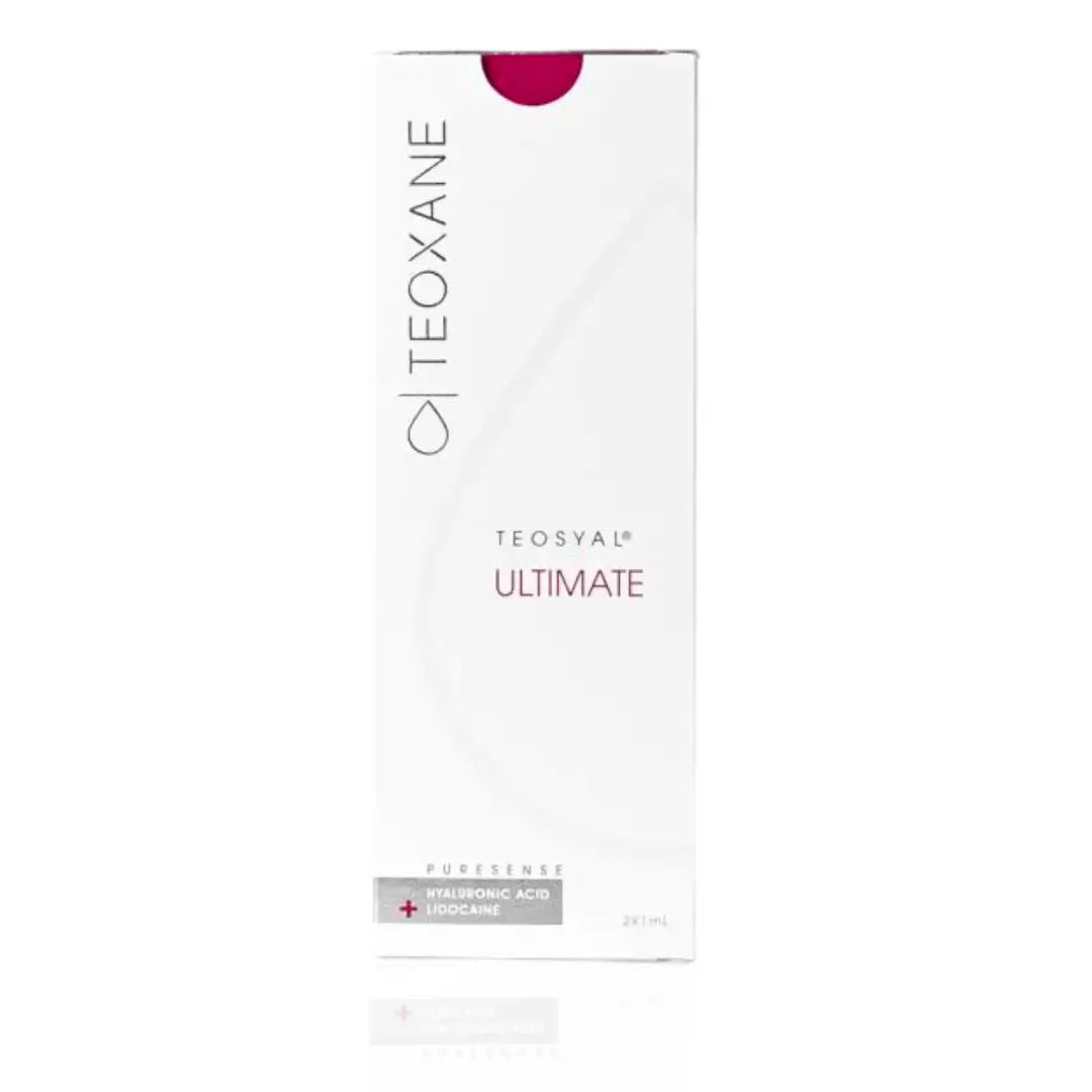 Teosyal Puresense Ultimate packaging, 2 x 1ml syringes for enhancing facial contours and restoring volume, featured in sleek white and red design.