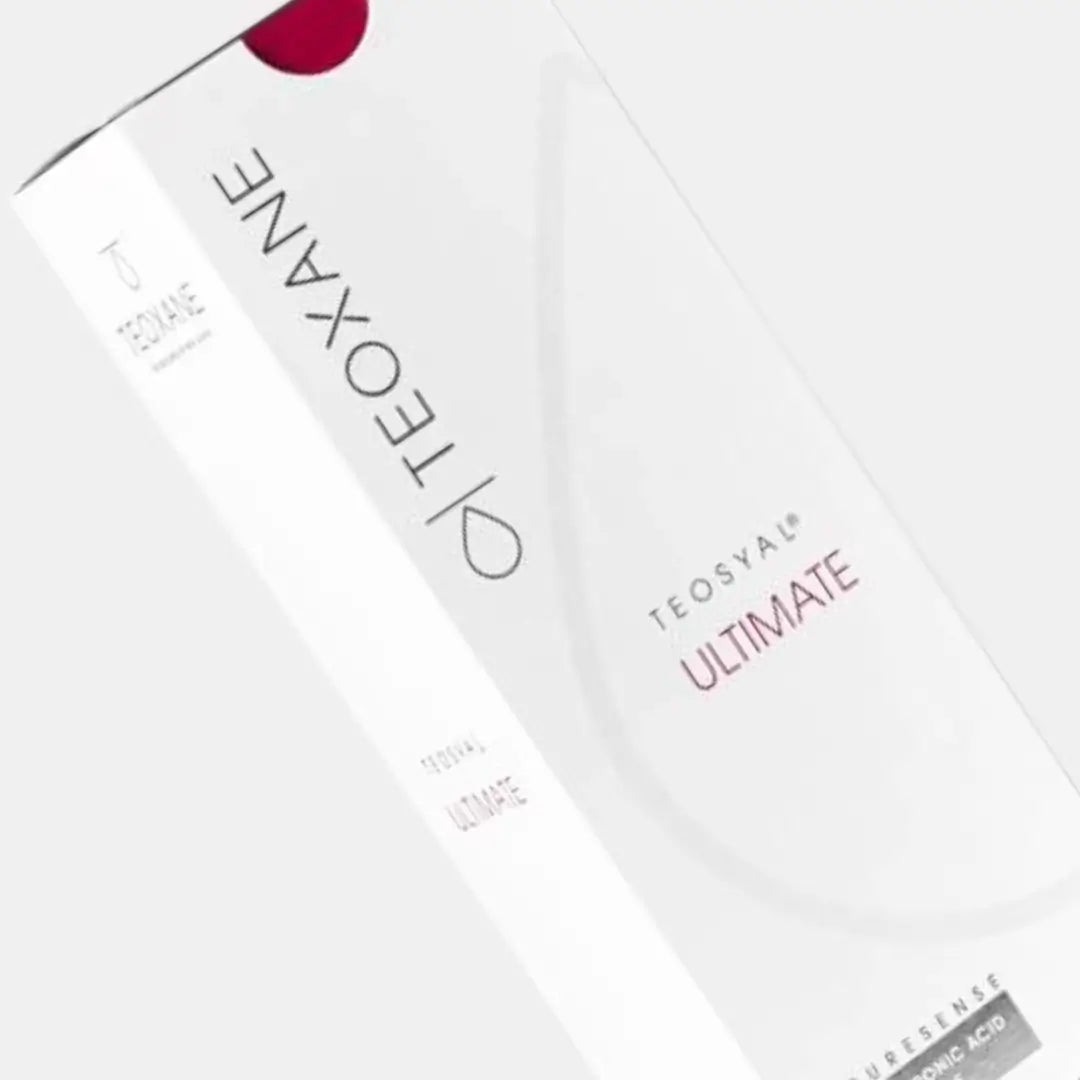 Teosyal Puresense Ultimate box, 2 x 1ml volumizing filler used to restore facial volume in areas like cheeks and jawline, shown in white and red packaging.