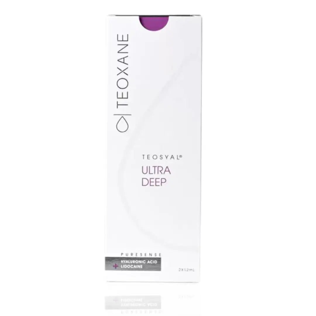 Teosyal Puresense Ultra Deep packaging, 2 x 1.2ml syringes, designed to enhance facial contours and smooth deep wrinkles, featured in white and purple design.