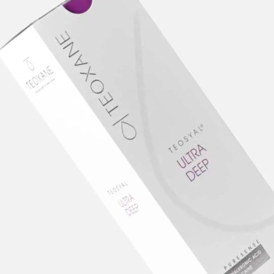 Teosyal Puresense Ultra Deep box, 2 x 1.2ml filler, used for adding volume to cheekbones and chin, shown in sleek white and purple packaging.