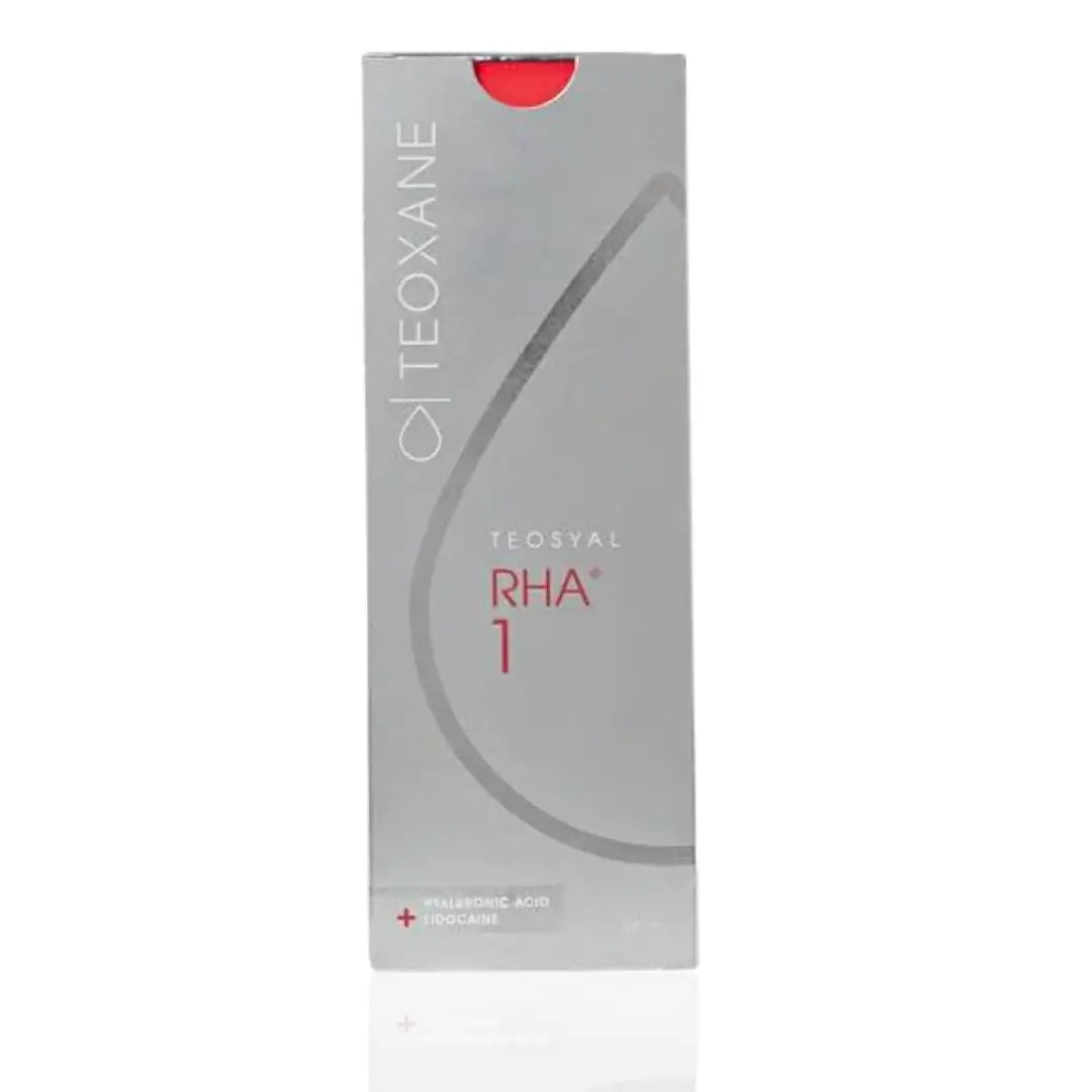 Teosyal RHA 1 packaging, 2 x 1ml syringes, designed for treating fine wrinkles on areas like the cheeks and forehead, featured in grey and red design.