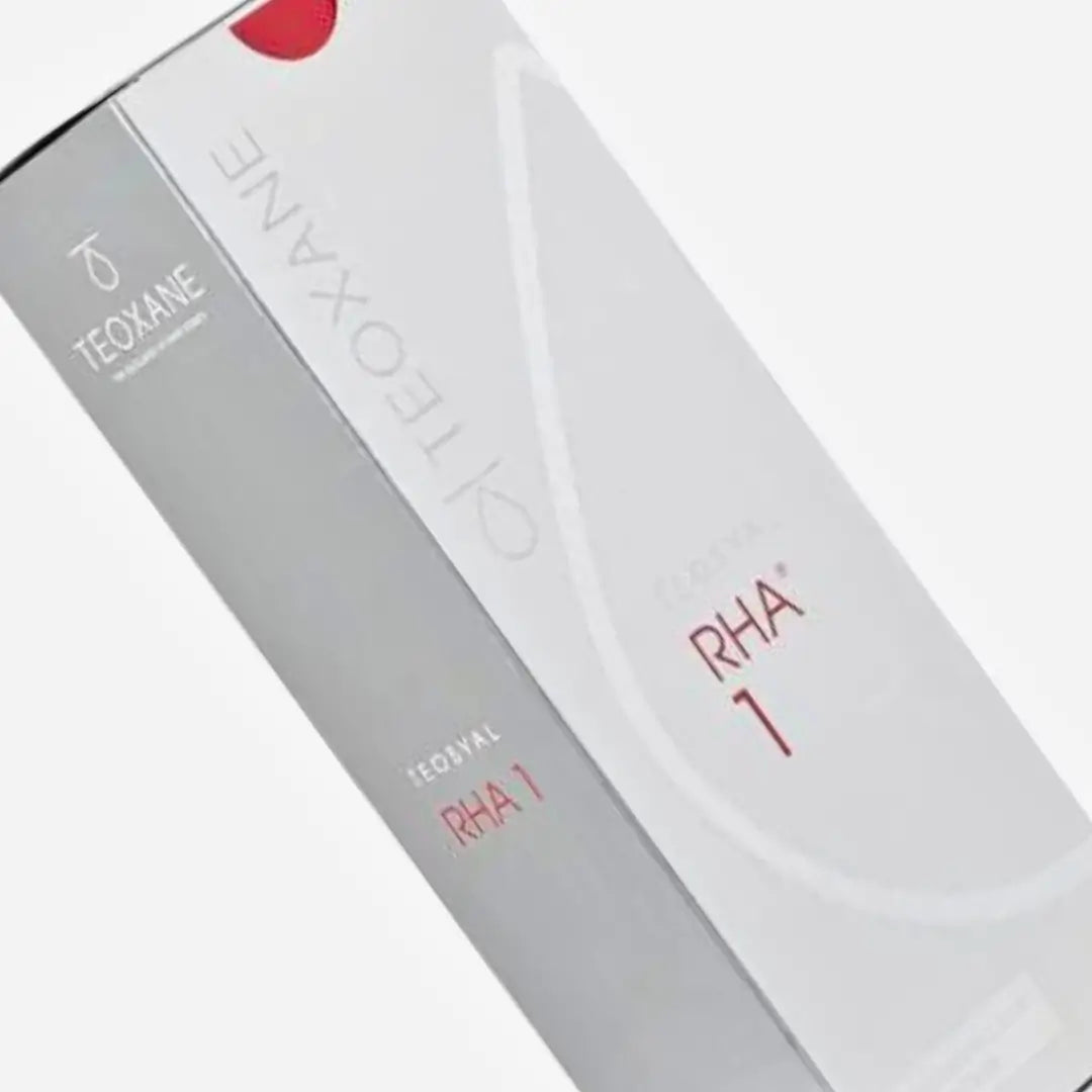 Teosyal RHA 1 box, 2 x 1ml filler for smoothing fine lines and maintaining skin softness, shown in sleek grey and red packaging.