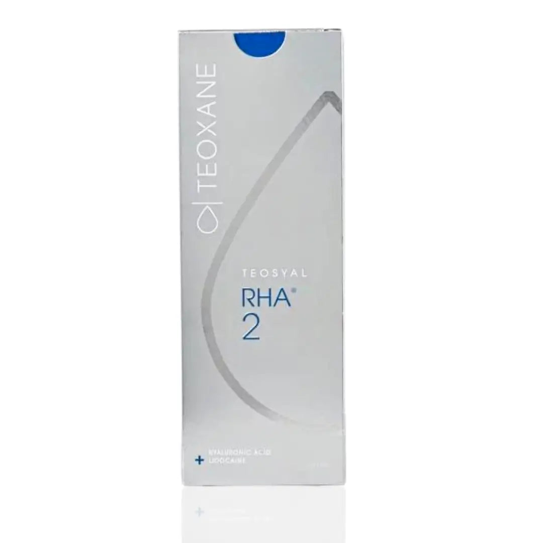 Teosyal RHA 2 packaging shown in sleek grey and blue design, used for softening deeper facial lines and adding fullness to lips.