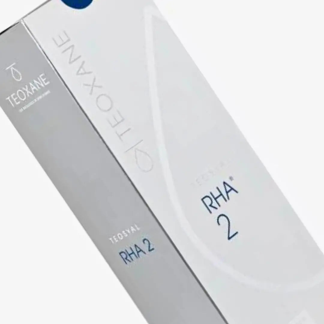 Teosyal RHA 2 box in grey and blue packaging, a 2 x 1ml filler for smoothing noticeable wrinkles and enhancing lip volume.