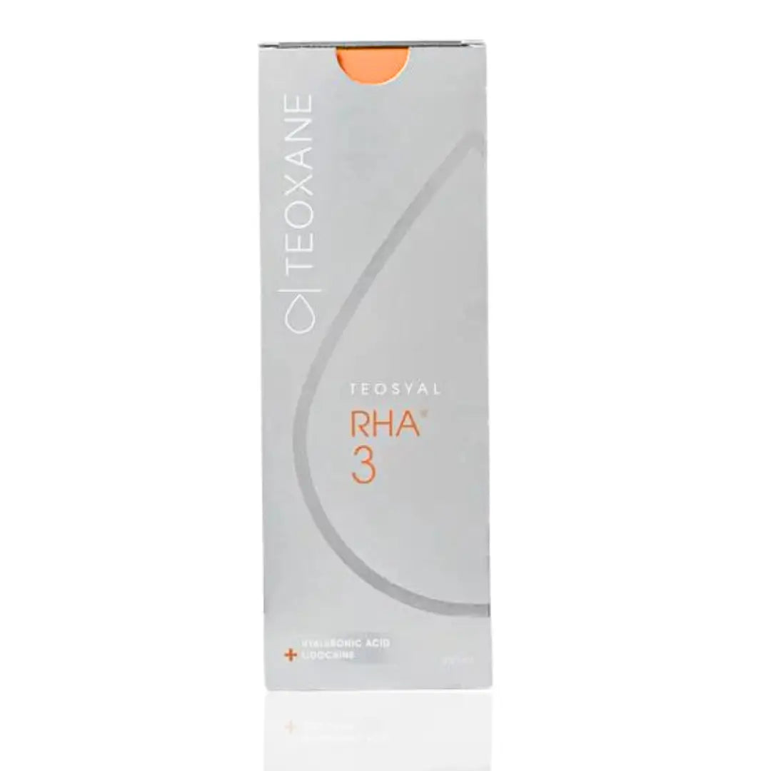 Teosyal RHA 3 packaging, 2 x 1ml syringes, designed for treating deeper lines and enhancing lip volume, shown in sleek grey and orange design.