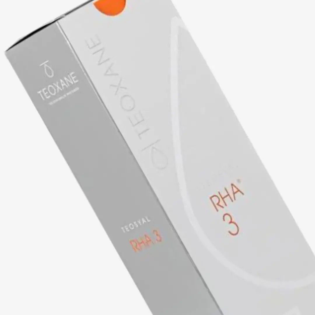 Teosyal RHA 3 box in grey and orange packaging, 2 x 1ml filler used for smoothing deeper wrinkles and adding volume to lips.