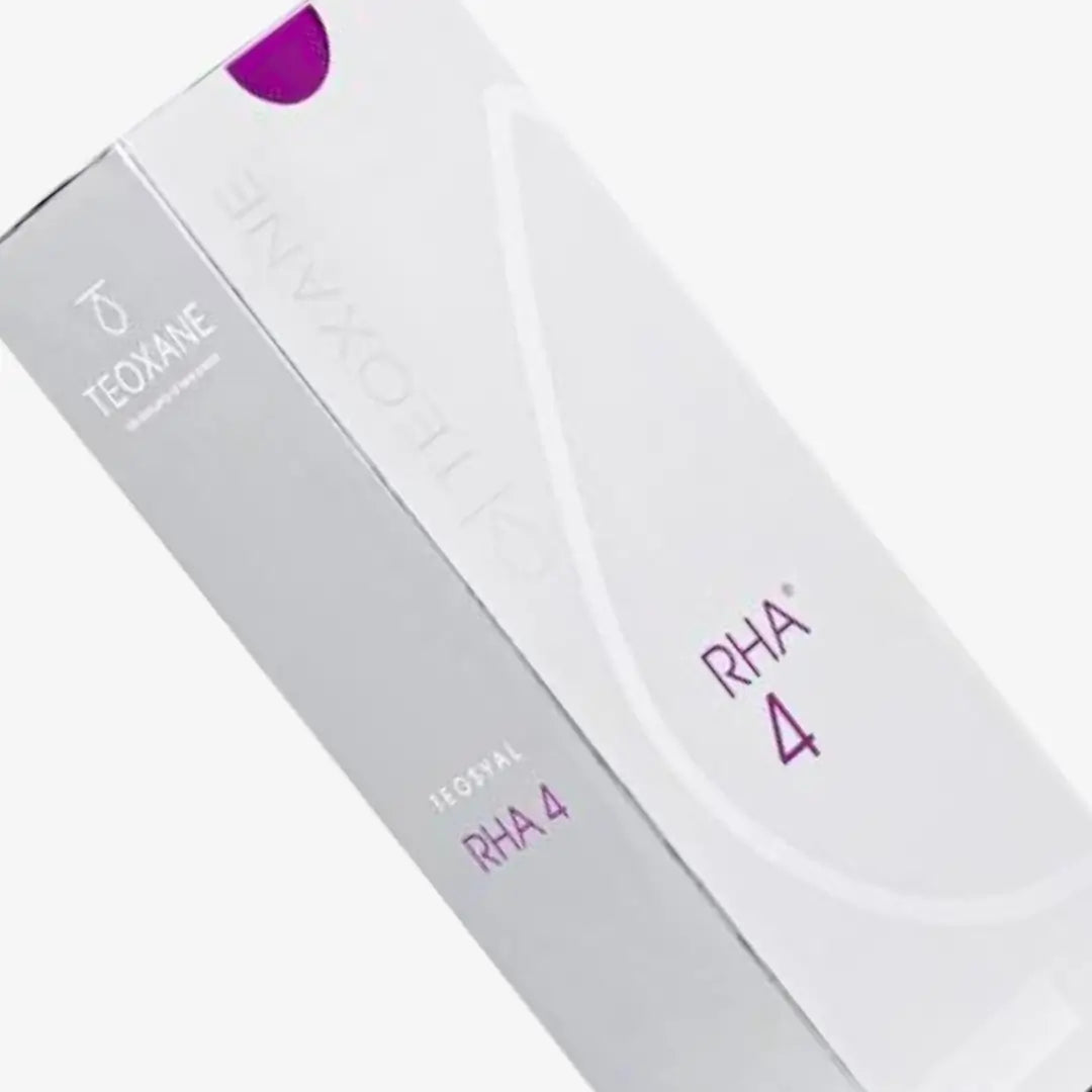 Teosyal RHA 4 packaging, a volumizing filler for treating deeper skin layers, improving contours and skin softness.