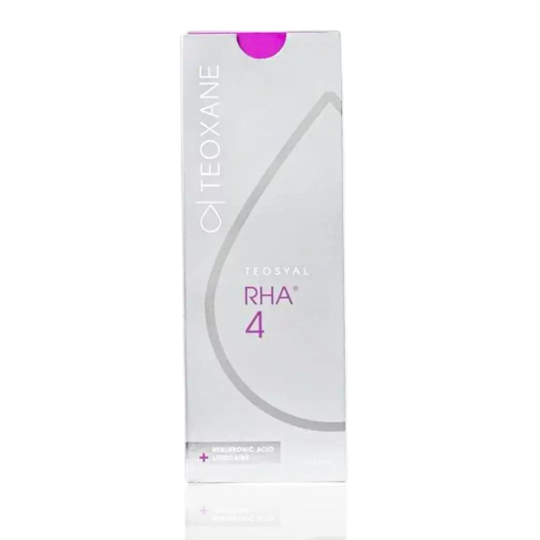 Teosyal RHA 4 filler in grey and purple packaging, 2 x 1.2ml syringes, designed for adding volume and smoothing sagging skin.