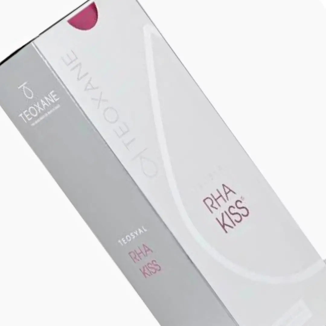 Teosyal RHA Kiss Lidocaine, angled view of the box. Lip filler for natural volume and contour, offering subtle enhancement.