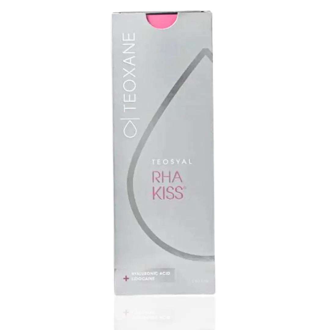 Teosyal RHA Kiss Lidocaine for lip volume and contour, packaged in a sleek box. Ideal for subtle lip enhancement and fine lines.