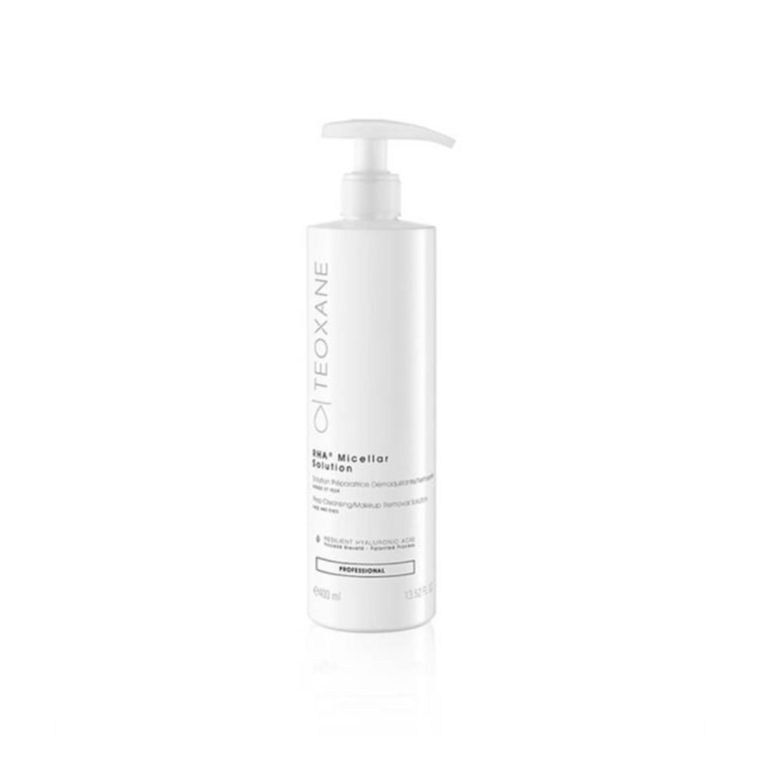 Large 400ml bottle of Teoxane RHA Micellar Solution, a gentle cleanser for sensitive skin that removes makeup and tones.