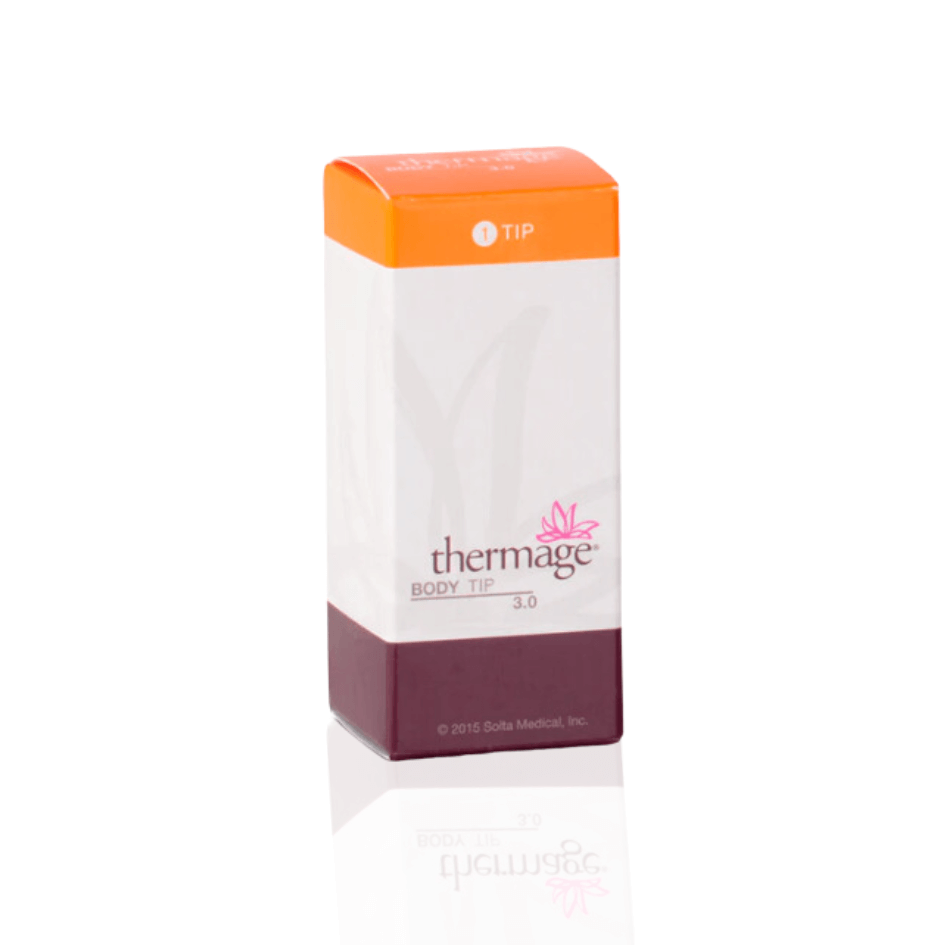 Thermage Body Tip 3.0cm² DC, packaging for a tip rated for 1200 REP, used for skin tightening on the face, neck, and body.