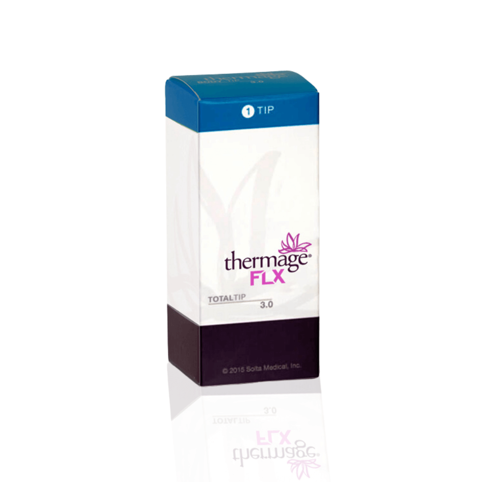 Thermage FLX Total Tip 3.0cm² packaging for face, neck, and body treatment with 400 use capacity.