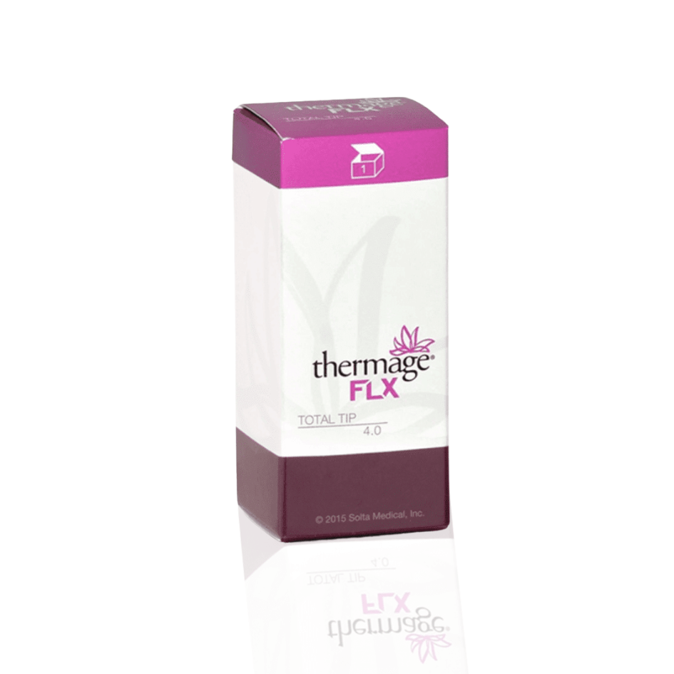 Thermage FLX Total Tip 4.0cm² packaging for skin firming and contouring with 300 use capacity.