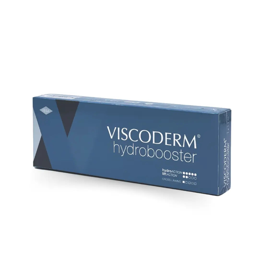 Close-up of Viscoderm Hydrobooster box focusing on the hydroAction and liftAction properties, in blue design.