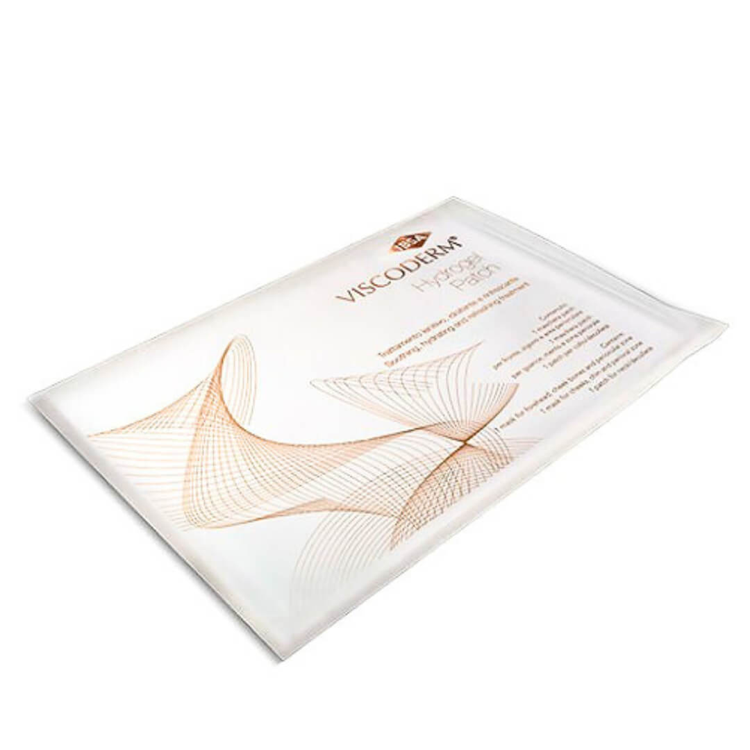 Viscoderm Hydrogel Patch single pack, designed for soothing and hydrating post-aesthetic treatments.