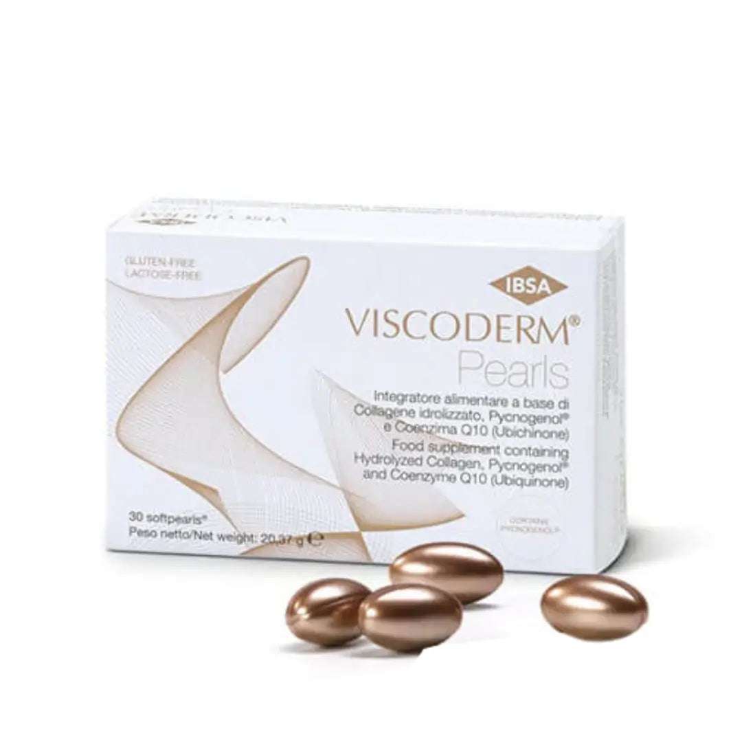 Viscoderm Pearls 30-pack of collagen and coenzyme Q10 enriched softgels, gluten-free and lactose-free