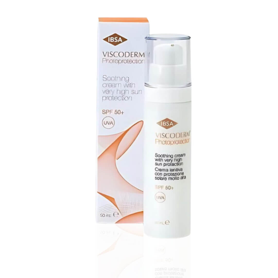 Viscoderm Photoprotection Soothing Cream SPF50+ 50ml bottle with box, providing high sun protection and skin hydration.