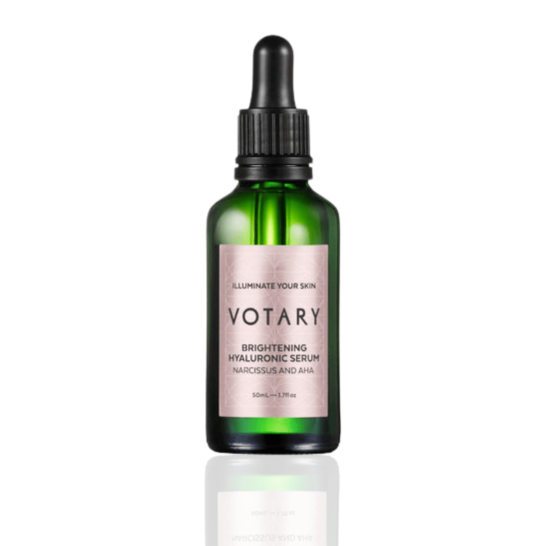 Votary Brightening Hyaluronic Serum 50ml bottle with dropper, labeled to illuminate and enhance skin radiance.