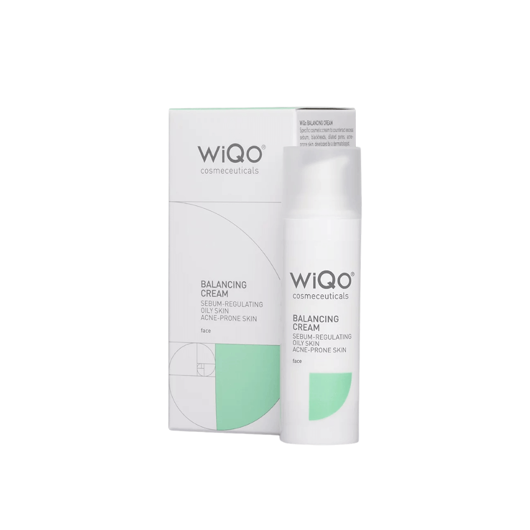 WiQo Balancing Cream for oily and acne-prone skin, 30ml bottle next to its packaging.